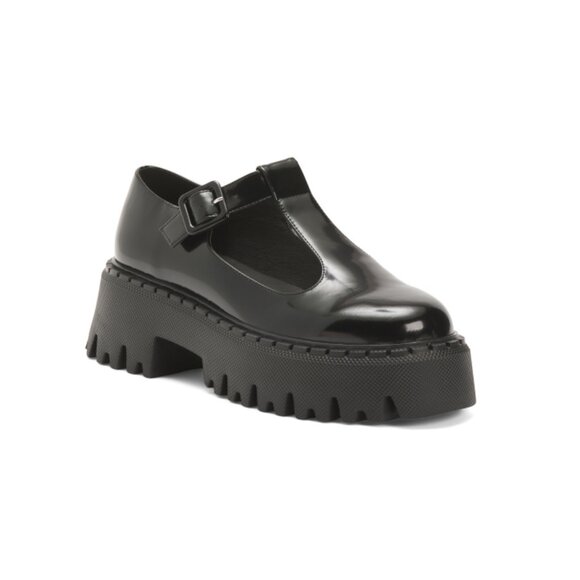 INTENTIONALLY BLANK Black Patent Leather Pears Cut Out Mary Jane Lug Sole Flats
